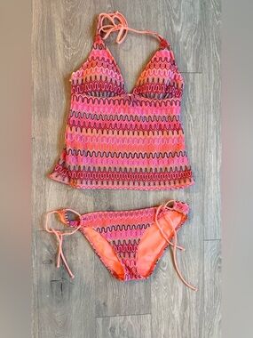 Hobie Pink and Orange Wave Print Tankini Bikini Set